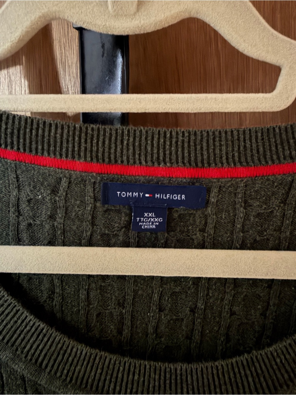 Tommy Hilfiger Olive Crewneck Sweater with Red Trim